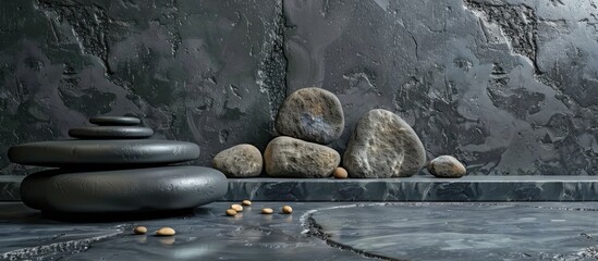 Sticker - Composition of natural stones with a textured surface for the background podium providing copy space image