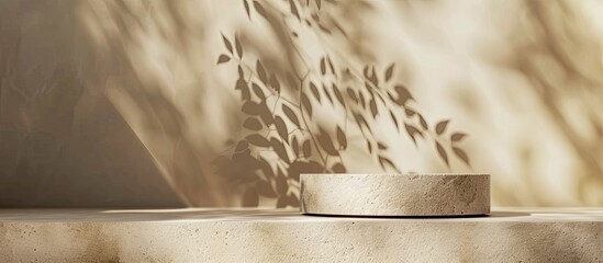 Canvas Print - Minimalist stone podium against a beige backdrop with a subtle leaf shadow perfect for displaying beauty products featuring copy space image