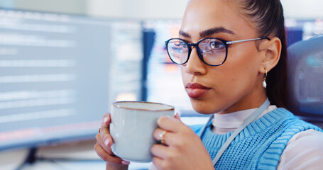 Leinwandbilder - Programmer, woman or coffee with thinking of software development, tech programming or system update. Professional, app coding or cyber security with IT database computer for data analysis or testing