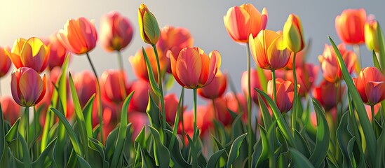 Wall Mural - Vivid tulip blooms in the garden a natural symbol of spring with a vibrant and appealing appearance against a plain background perfect for a copy space image