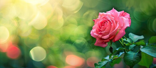 Wall Mural - Horizontal close up image of a stunningly blooming rose in a botanical garden against a blurred green backdrop with ample copy space