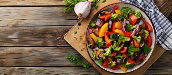 Canvas Print - Vegetarian stir fried vegetables including bell pepper broccoli mushroom eggplant and onion on a wooden board with a kitchen towel nearby there s copy space in the image