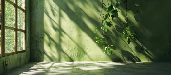 Use the wall interior with studio backdrops as a green background for product presentation with shadowed leaves from a window providing copy space image