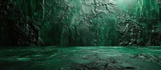 Wide banner background featuring a textured green surface resembling paper or concrete with a dark green abstract texture illuminated by green velvet and lighting against a green backdrop with copy s