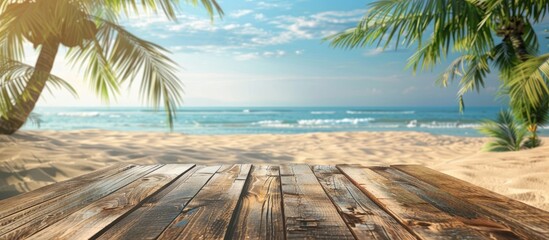 Canvas Print - A wooden table top in front of a blurred summer beach backdrop creates the ideal setting for showcasing summer products with a sandy beach and palm trees adding to the summery atmosphere