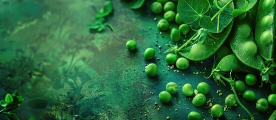 Capture a stunning top down view of vibrant green peas against a lush green background providing ample space for text or other images in this crisp and colorful photograph of harvested organic peas sh