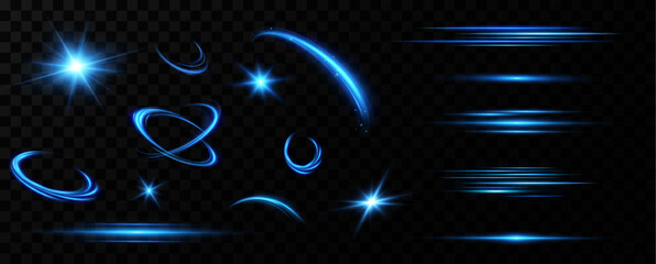 Wall Mural - Bright particles, burning blue lights, stars, lasers. Vector.