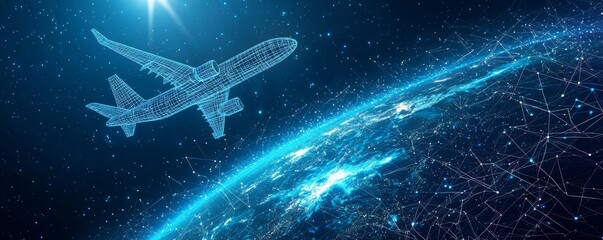 Wall Mural - wireframe airplane flying above earth with digital network connections