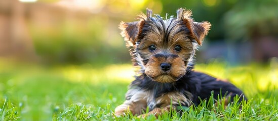 Wall Mural - Fluffy Yorkshire Terrier puppy on green grass gazing at the camera in a domestic setting with copy space image included