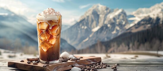 Wall Mural - A glass of iced coffee and cream sits on a wooden board with a backdrop of mountains and sky The image offers copy space for product placement