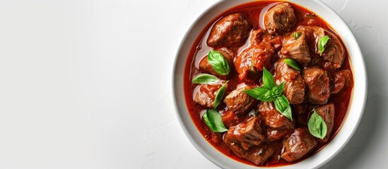 Poster - Beef goulash with a touch of basil displayed against a blank background suitable for adding text or images copy space image