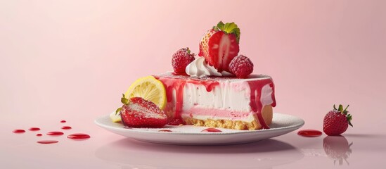 Sticker - Delicious cheesecake topped with strawberry syrup ice cream lemon and tiramisu waffle on a copy space image