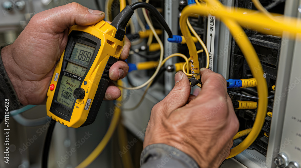 An electrician using a digital multimeter on wires in an electrical ...