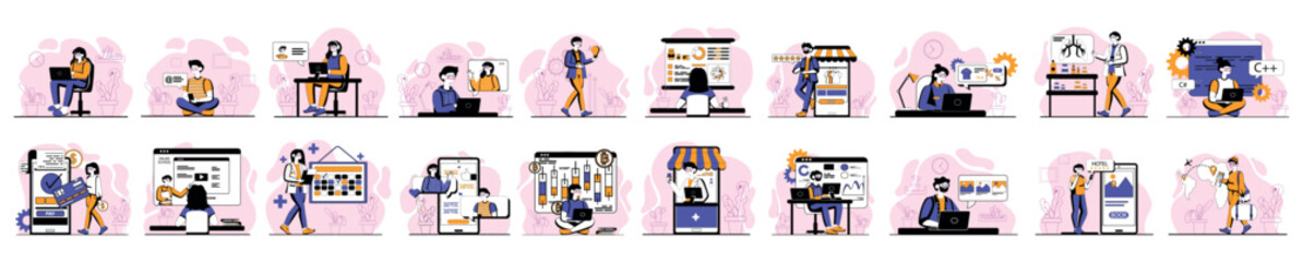 Wall Mural - mega set of linear color concepts with people scene in flat cartoon design. a big collection of scen