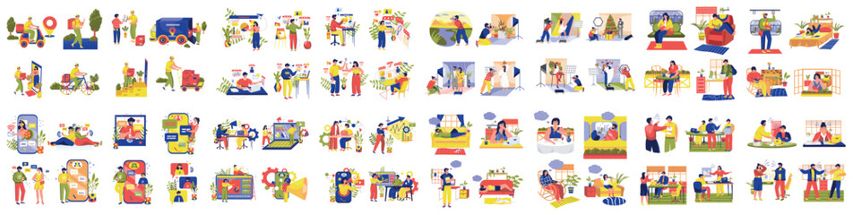 Wall Mural - mega set of saturated color concepts with people scene in flat cartoon design. a huge collection of 