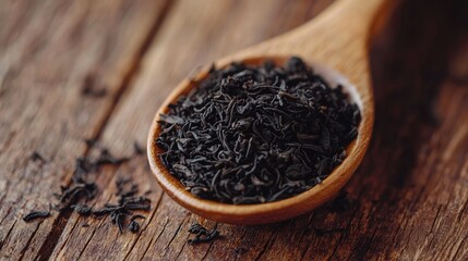 Wall Mural - close up of black tea in a wooden spoon. Selective focus