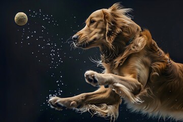 Close-up of a golden retriever dog jumping in the air to catch an old tennis ball on a black background. Generative AI