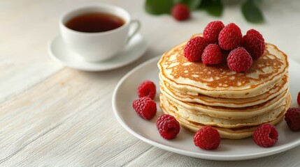 Wall Mural - pancakes with raspberries and a cup of tea. Selective focus