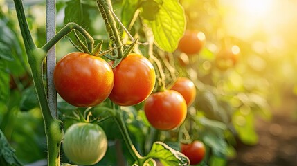 Poster - tomatoes grow on the plot. Selective focus