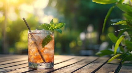 Wall Mural - cocktail with ice and cannabis. Selective focus