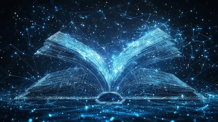 Wall Mural - digital wireframe book with glowing light particles and futuristic network design