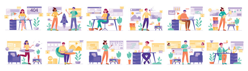 Wall Mural - set of purple concepts with people scene in flat cartoon design. every scene in this collection is f
