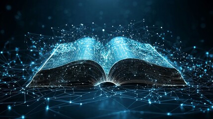Wall Mural - digital wireframe book with glowing lines and particles representing technology and education