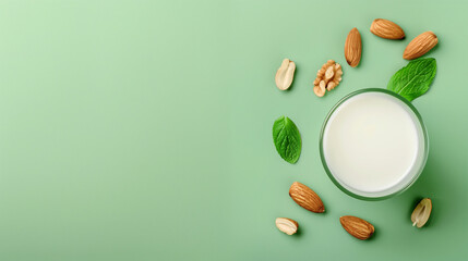 Glass of almond milk with nuts and mint leaves on green background, healthy non-dairy drink, flat lay composition for vegan diet