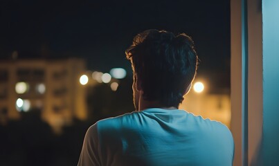 Wall Mural - Young man looking at pitch black night sky with subtly lit buildings, Generative AI