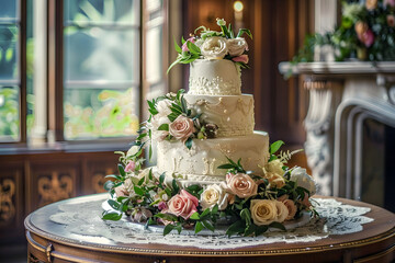 Poster - Elegant three-tiered wedding cake adorned with fresh flowers and greenery sits atop a lace tablecloth on a ornate wooden table at a luxurious restaurant.