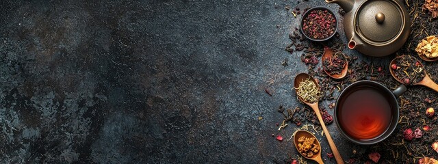 Canvas Print - cup of tea dry tea leaves top view. Selective focus