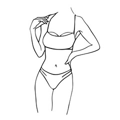 Wall Mural - Female Body Line Art Drawing. Woman Body Black Sketch on White. Female Figure Abstract Minimalist Silhouette. Vector EPS 10