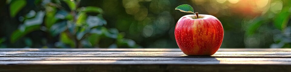 Wall Mural - there is one apple on the table in the garden. Selective focus