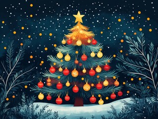 Wall Mural - A beautifully decorated Christmas tree adorned with colorful ornaments, shining under a starry winter night.