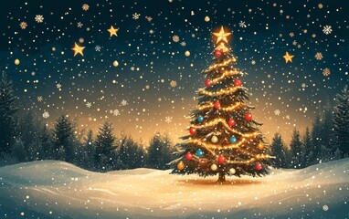 Wall Mural - A beautifully decorated Christmas tree shines brightly in the snowfall, surrounded by a serene winter landscape under twinkling stars.