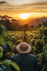 Wall Mural - male farmer in the coffee field. Selective focus