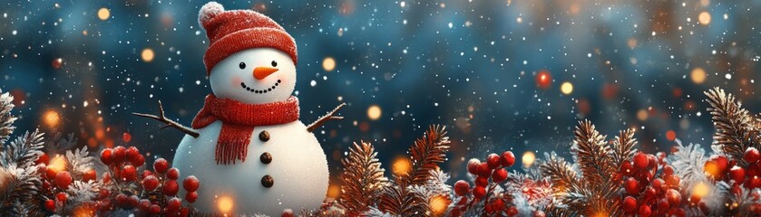 Wall Mural - A cheerful snowman decorated with a red scarf and hat, surrounded by festive greenery and twinkling lights in a snowy landscape.