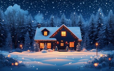 Sticker - A cozy winter cabin illuminated with warm lights, surrounded by snow-covered trees and falling snowflakes, evoking holiday magic.