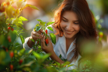 A young Indian female plucking organically grown red chillies from her rooftop vegetable garden