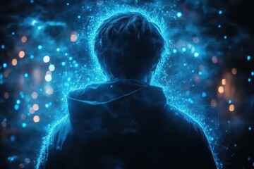 Wall Mural - mysterious hacker silhouette against dark background neon blue digital effects sense of danger and intrigue