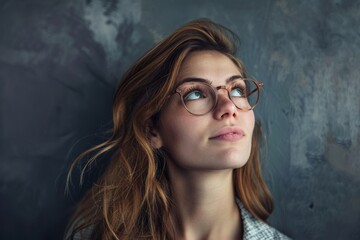 A woman with glasses is looking at the wall and thinking