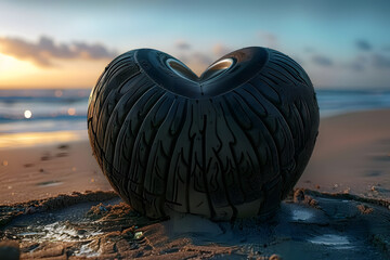 Wall Mural - Romantic concept with a car tyre bent into a heart shape on a sandy beach during golden hour