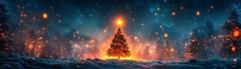 Wall Mural - A magical winter night with a glowing Christmas tree surrounded by sparkling snowflakes and serene forest scenery.