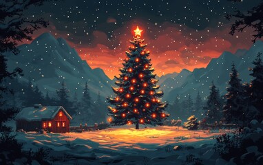 Wall Mural - A serene winter night with a decorated Christmas tree glowing bright, surrounded by snow and mountains, evoking holiday magic.