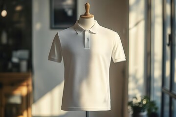 sleek white polo shirt on invisible mannequin fabric texture highlighted minimalist studio setup with subtle shadows