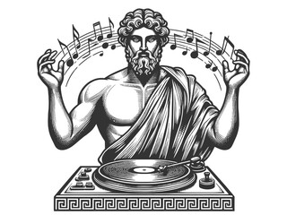 ancient Greek god portrayed as a modern DJ, mixing music on a turntable with musical notes around sketch engraving generative ai vector illustration. Scratch board imitation. Black and white image.