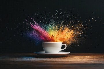 Wall Mural - surreal coffee art featuring a vibrant rainbow explosion erupting from a pristine white cup set agai