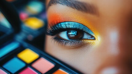 Close-up of a colorful makeup palette with a mirror reflecting the woman's eye makeup.