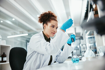 Poster - Reaction, science and solution with woman in laboratory for breakthrough, innovation or research. Beaker, liquid and pharmaceuticals with scientist at work on cure, medicine or vaccine development