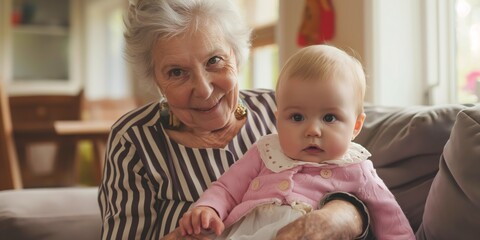 Wall Mural - A woman and a baby are sitting on a couch. The baby is wearing a pink sweater